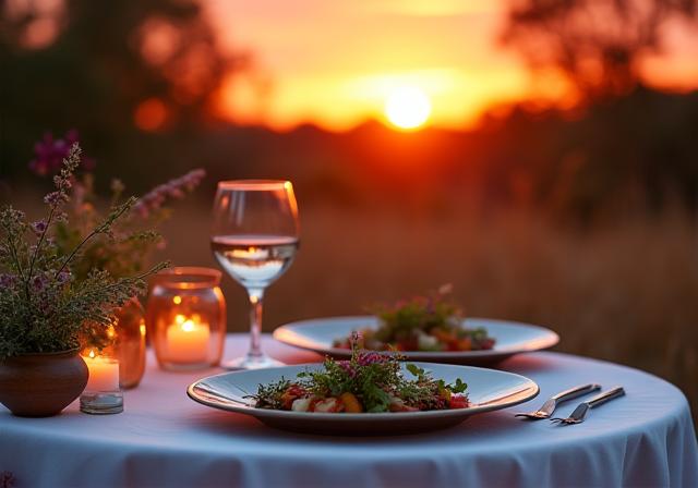 Gourmet bush dining experience at sunset